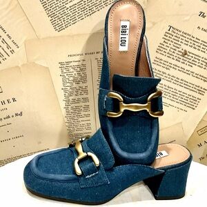 Anthropologie Bibi Lou Zagreb Heeled Loafers Slides Dark Demin